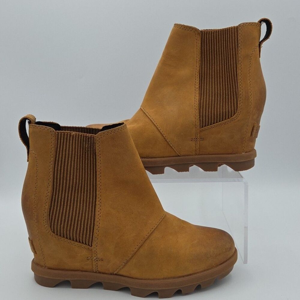 Sorel Women's Joan of Arctic Wedge II Chelsea Tan Leather Ankle Boots Sz 5.5